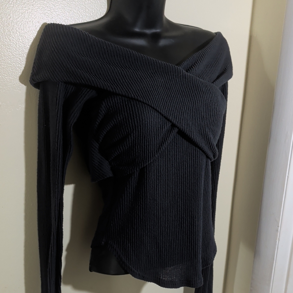 Free People Navy Blue Off-the-Shoulder Ribbed Knit Top